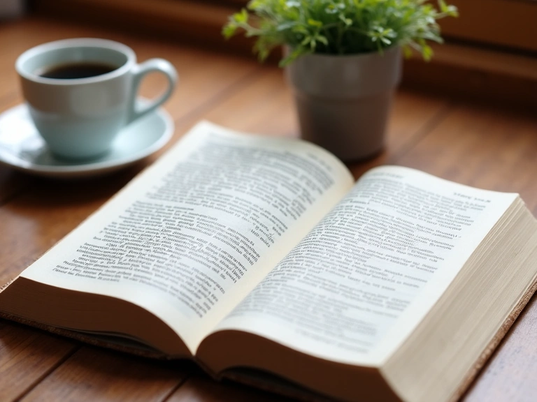 O carte deschisă pe o masă de lemn, cu o cană de cafea și o plantă mică în fundal, creând o atmosferă de studiu.