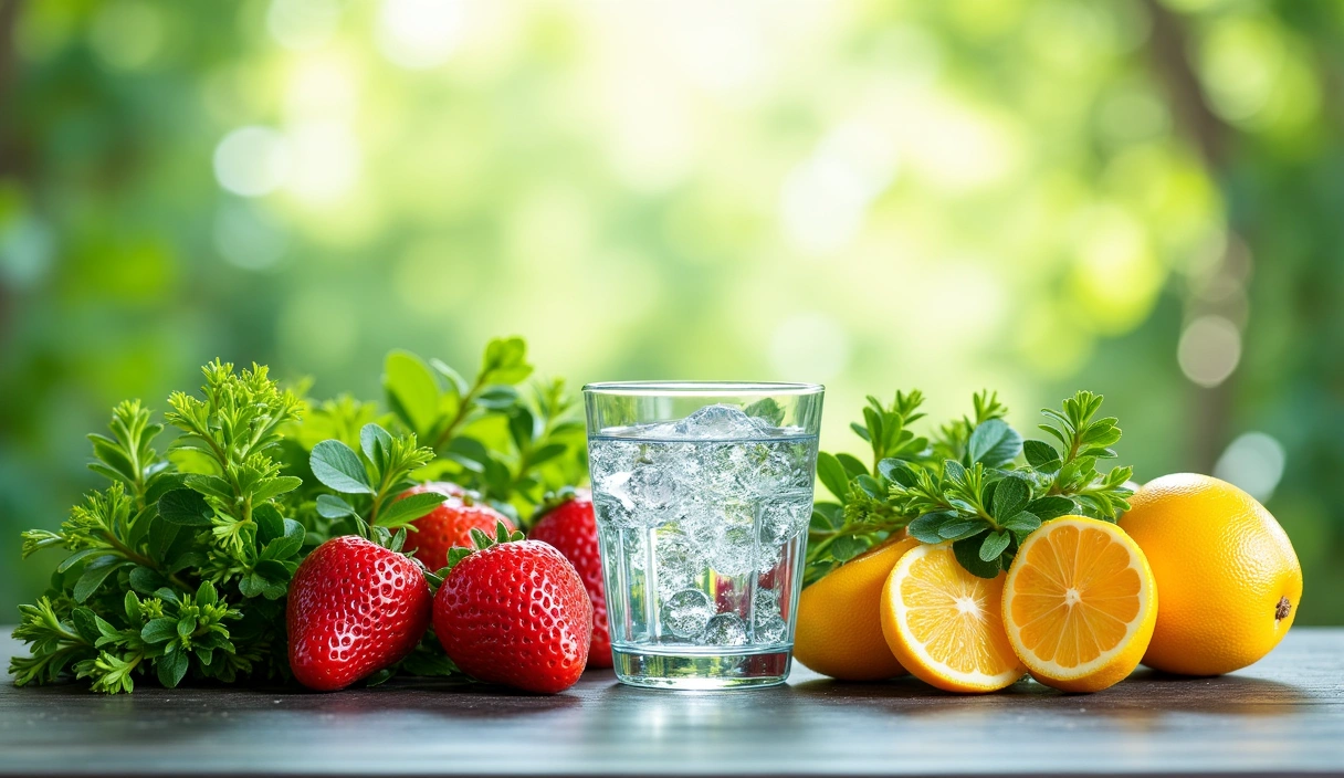 Imagine cu elemente naturale vibrante, sănătoase, cum ar fi plante verzi, fructe proaspete și apă limpede, simbolizând sănătatea și vitalitatea.