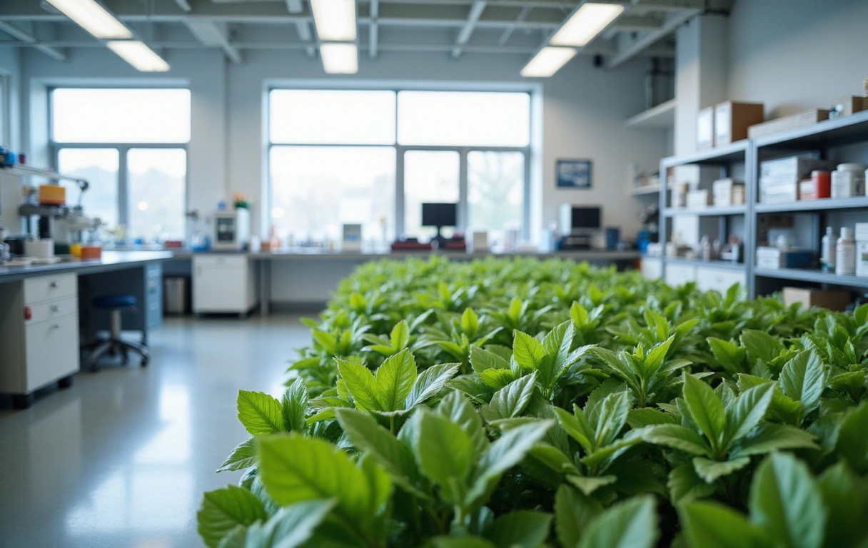 Imagine cu un laborator curat, modern, cu echipamente de ultimă generație, sau o sursă de ingrediente naturale, cum ar fi o fermă organică certificată.