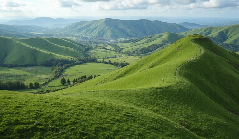 O imagine aeriană a unui peisaj verde, natural, cu dealuri ușor ondulate și câmpuri, fără text.