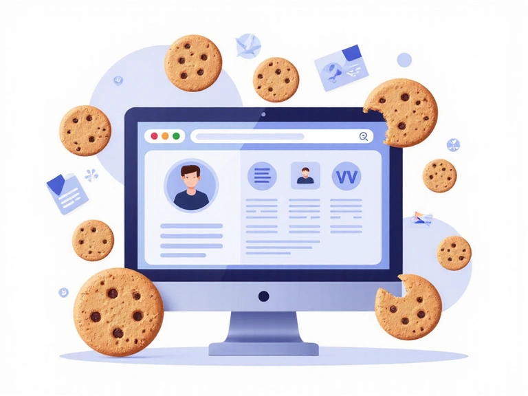 Ilustrație cu diverse tipuri de cookie-uri și un browser web