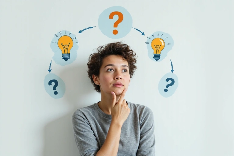 O persoană gândind, înconjurată de întrebări și semne de întrebare, simbolizând căutarea de răspunsuri.